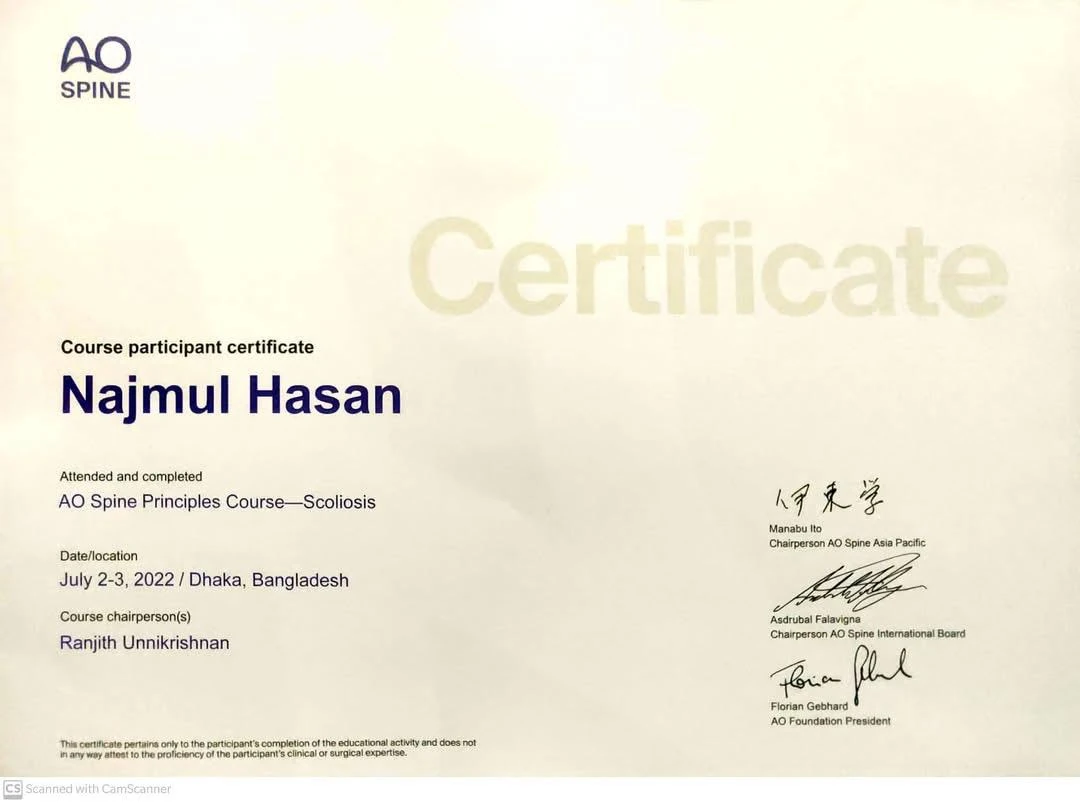 AO Spine Principles Course Scoliosis certificate awarded to Najmul Hasan