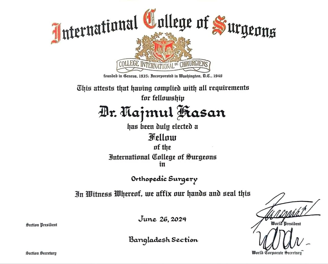 International College of Surgeons fellowship certificate in Orthopedic Surgery awarded to Dr Najmul Hasan
